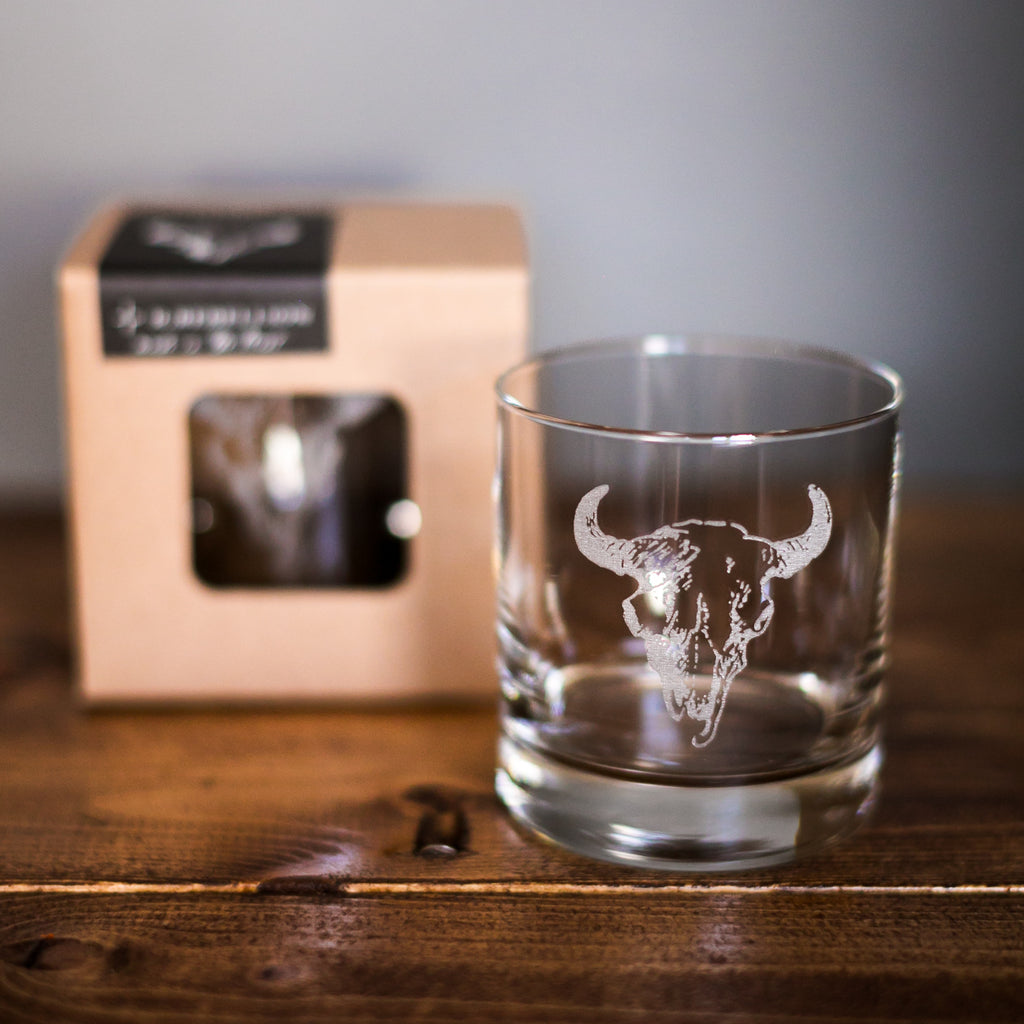 Western Inspired Etched Old Fashioned Whiskey Glass 11 oz - Buffalo Skull