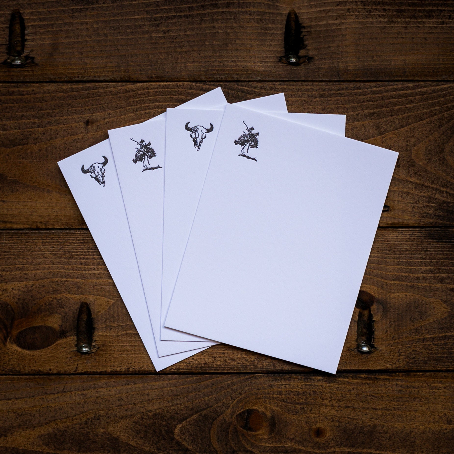 Western Letterpress Note Cards | Bronc & Skull | Handmade Cotton Stationery Set | A2 | Set of 4